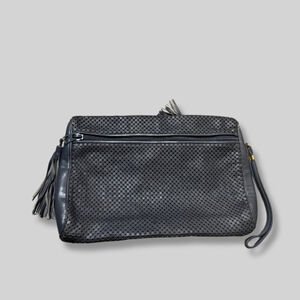 Whiting & Davis Clutch Enamel Mesh Tassel Wristlet Strap Faux Leather Black OS